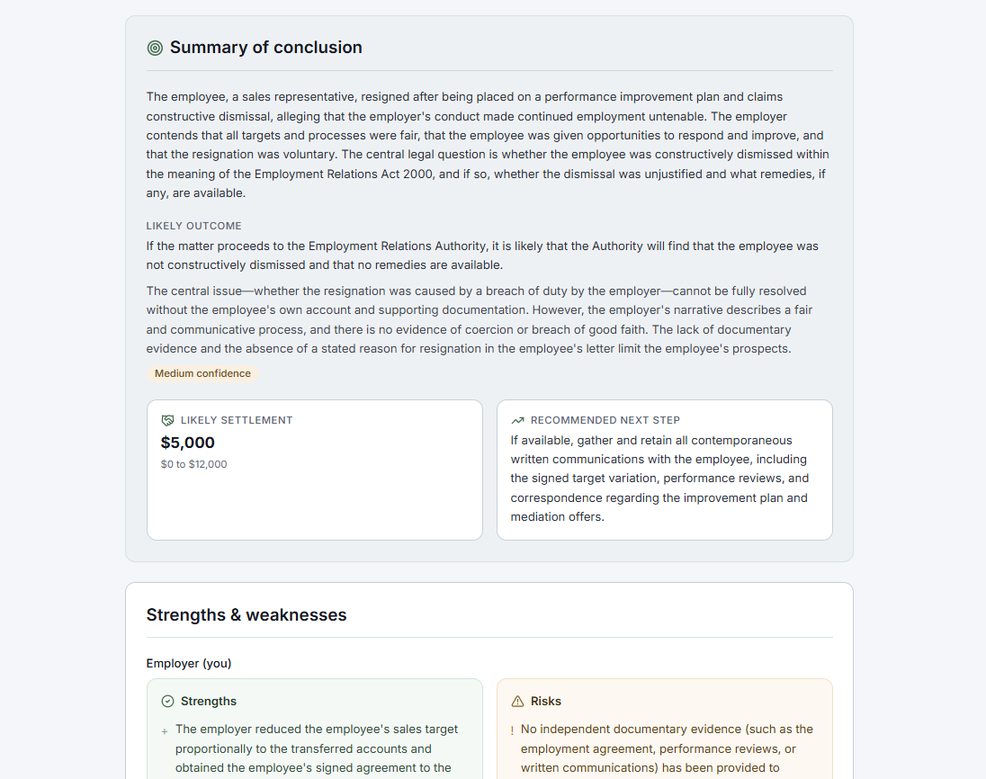 Example Reso employment dispute report showing a summary of conclusion, likely settlement, recommended next step, strengths and risks.