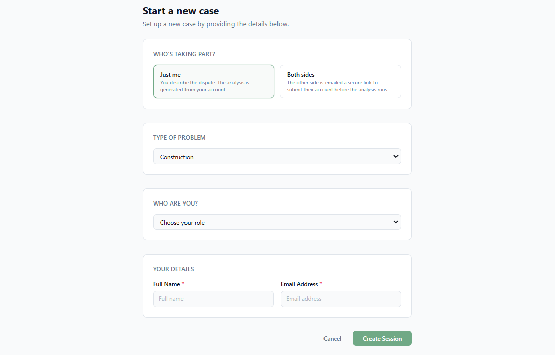 Reso's new case form, where you choose who is taking part, the type of dispute and your role